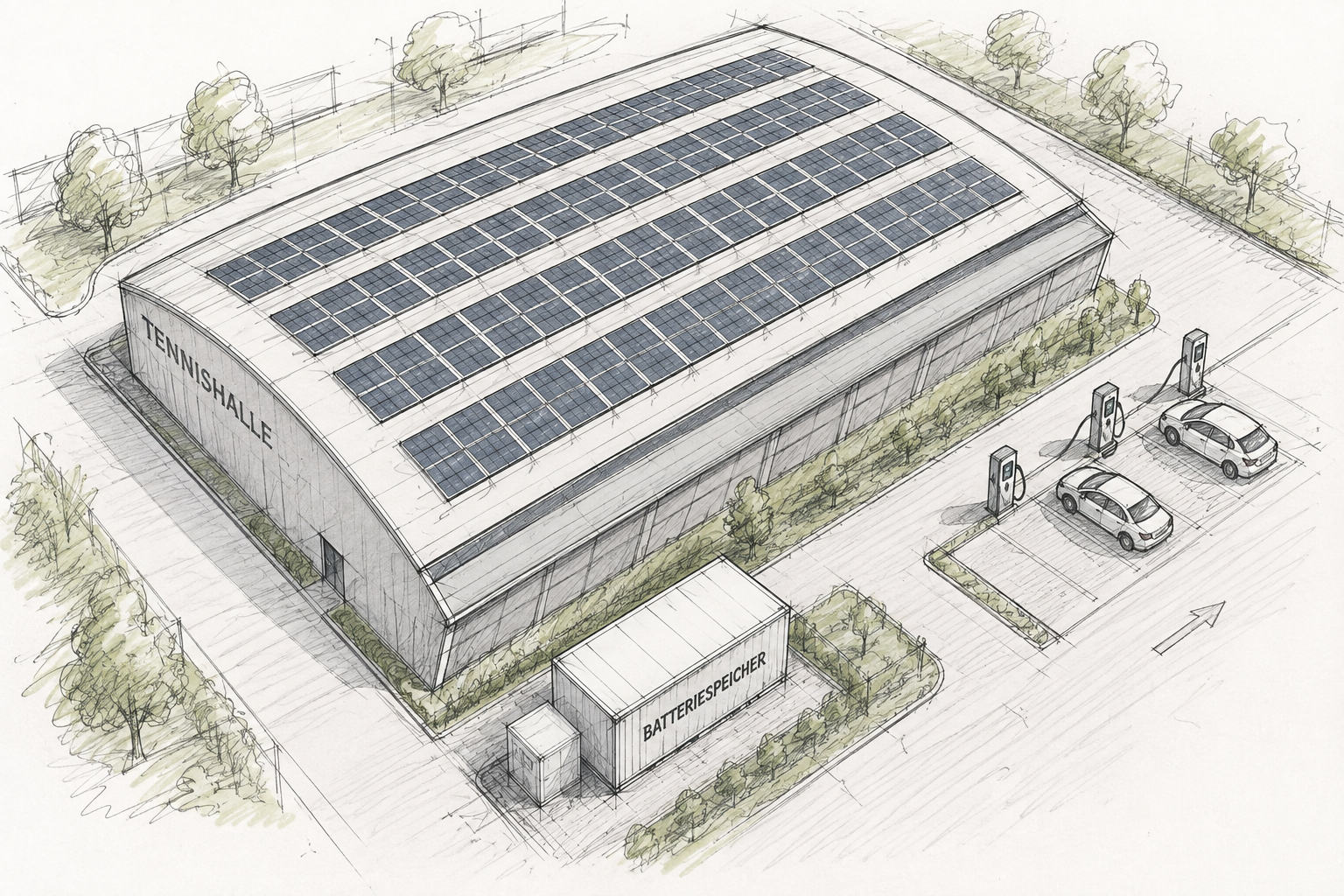Tennishalle Grenzach: PV (700KWp) + Ladeinfrastruktur (400 KW) + Batteriespeicher (250KW)